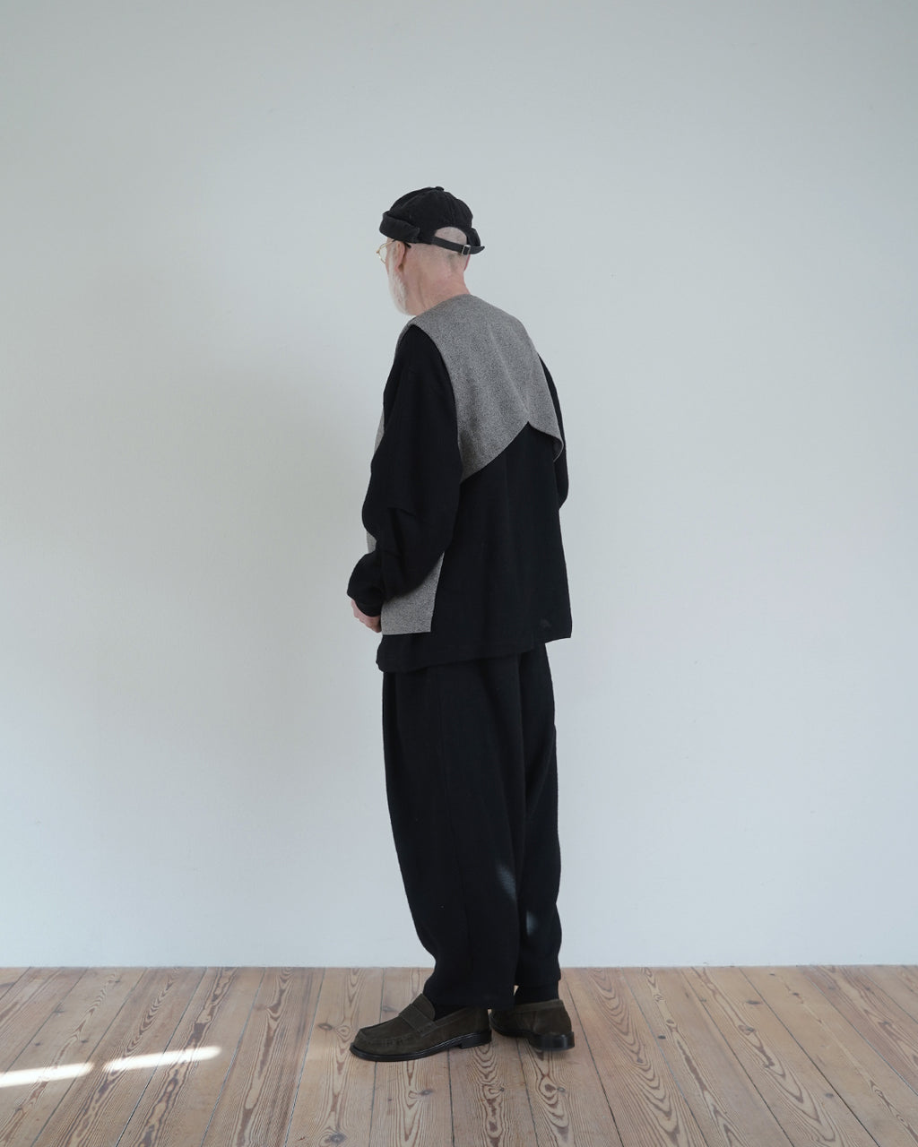 Wool Blend Tweed Back-Open Layered Crew Neck Vest <#greige>