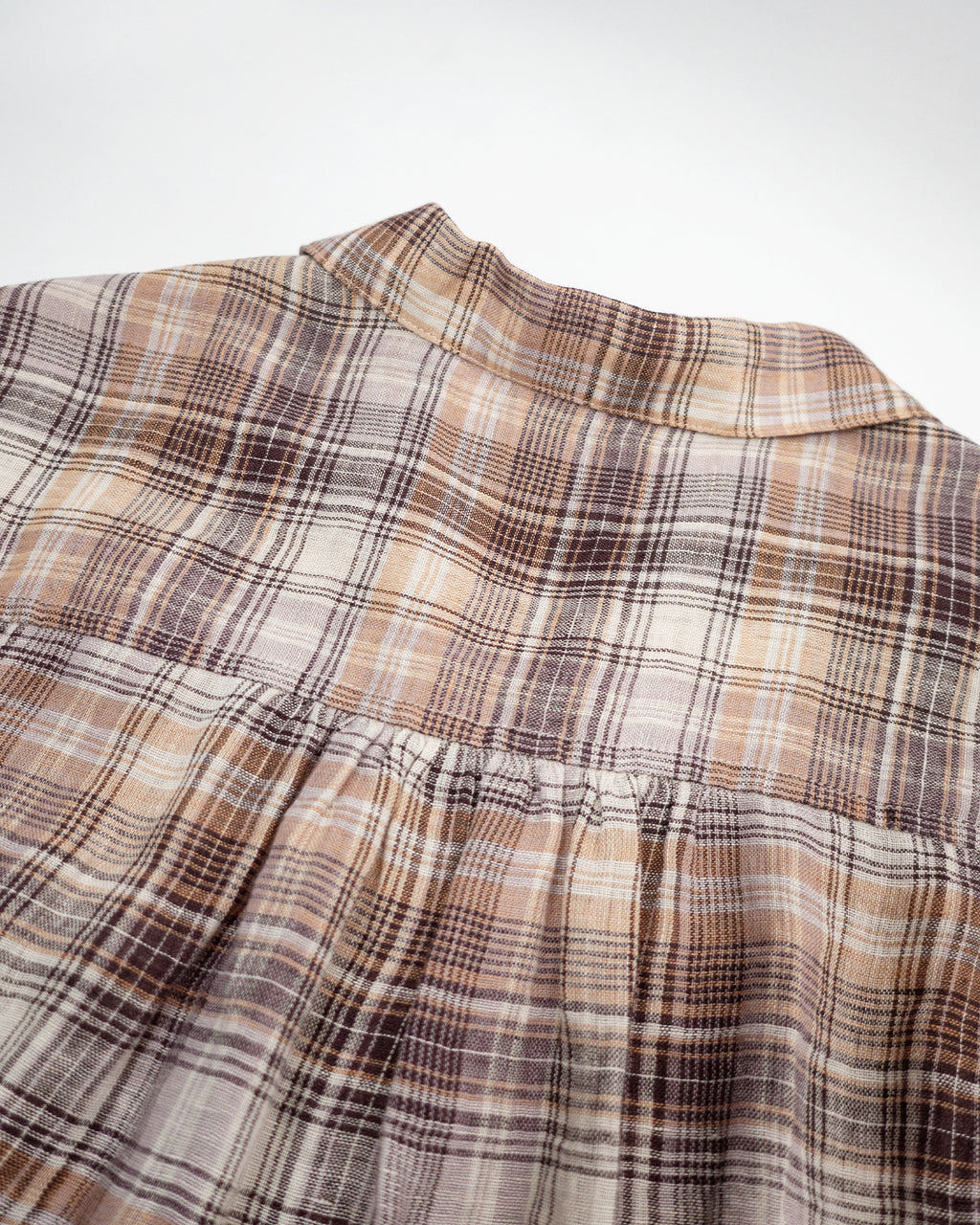 Linen Madras Check Open Collar Long-Sleeve Gathered Shirt<#red check>