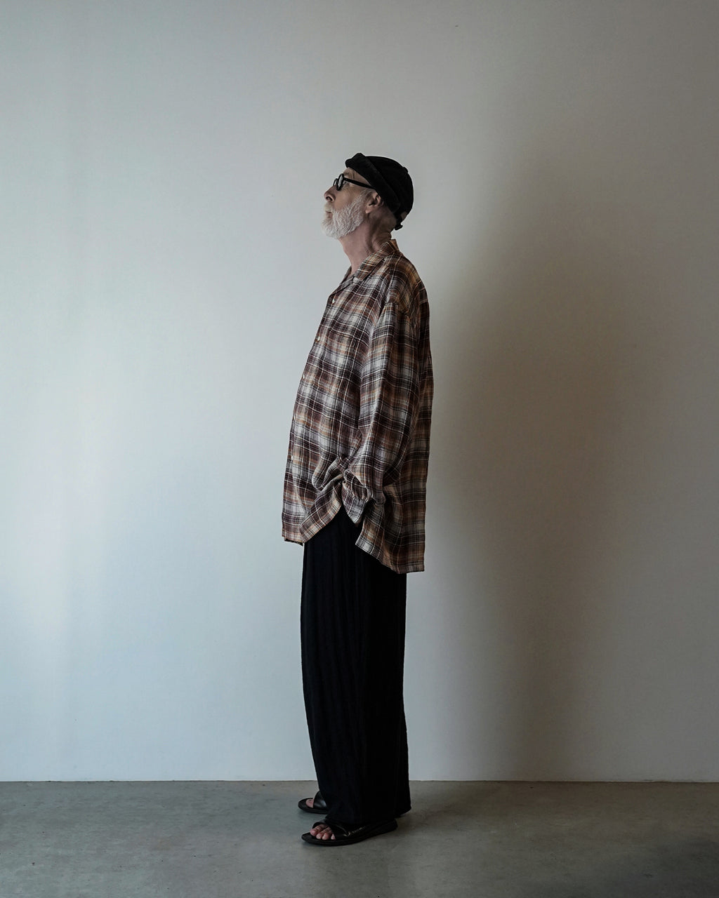 Linen Madras Check Open Collar Long-Sleeve Gathered Shirt<#red check>