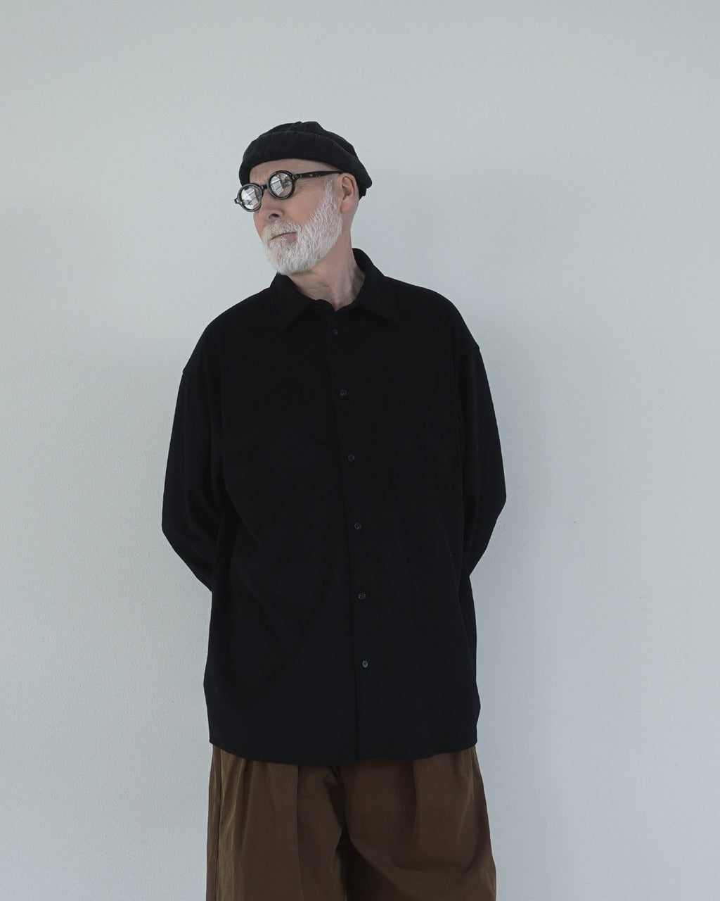 Wool Blend Heavy Flannel Wide Tuck Over Shirt <#black>