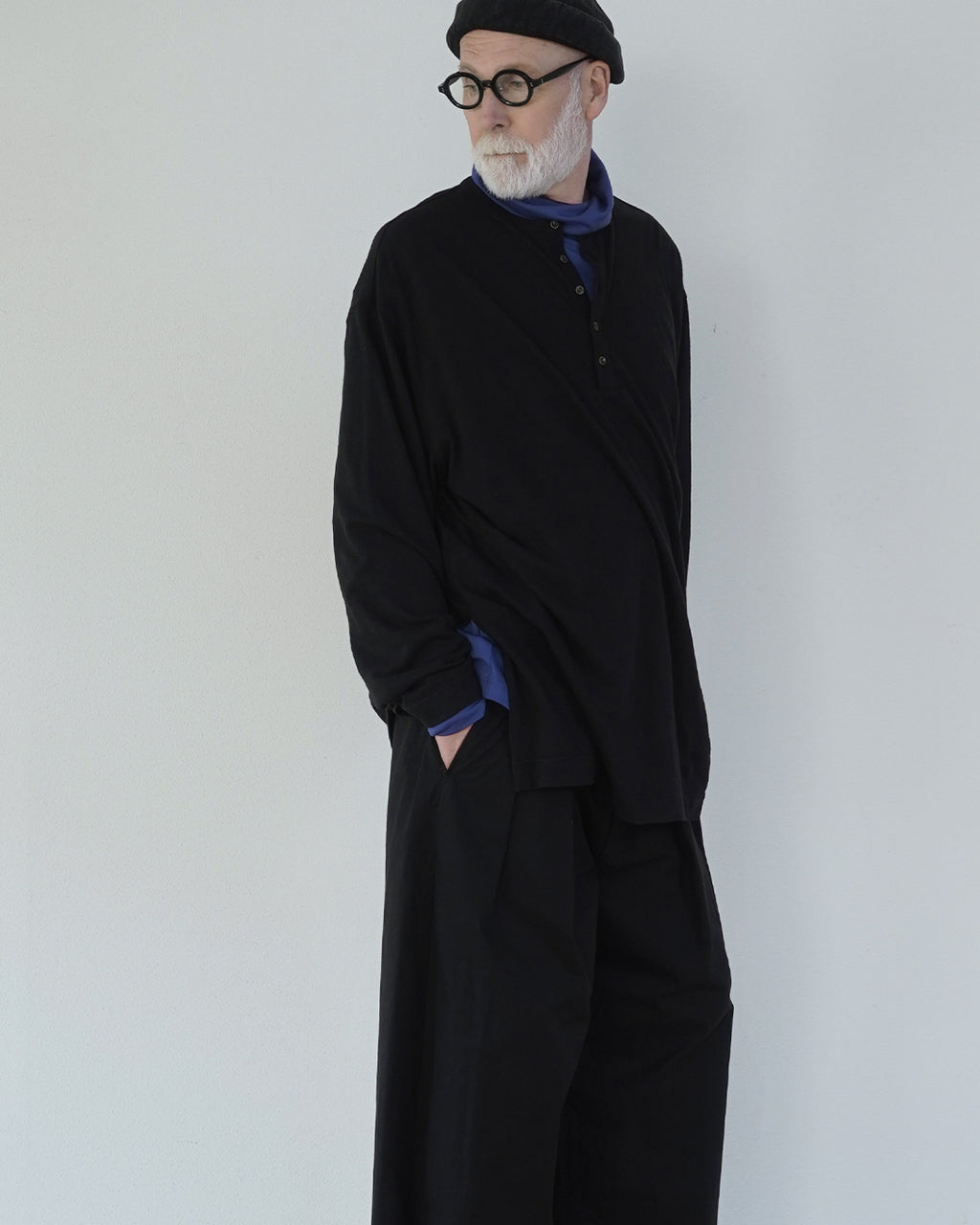 Linen Jersey Henley Neck Middle Length L/S Tee <#black>