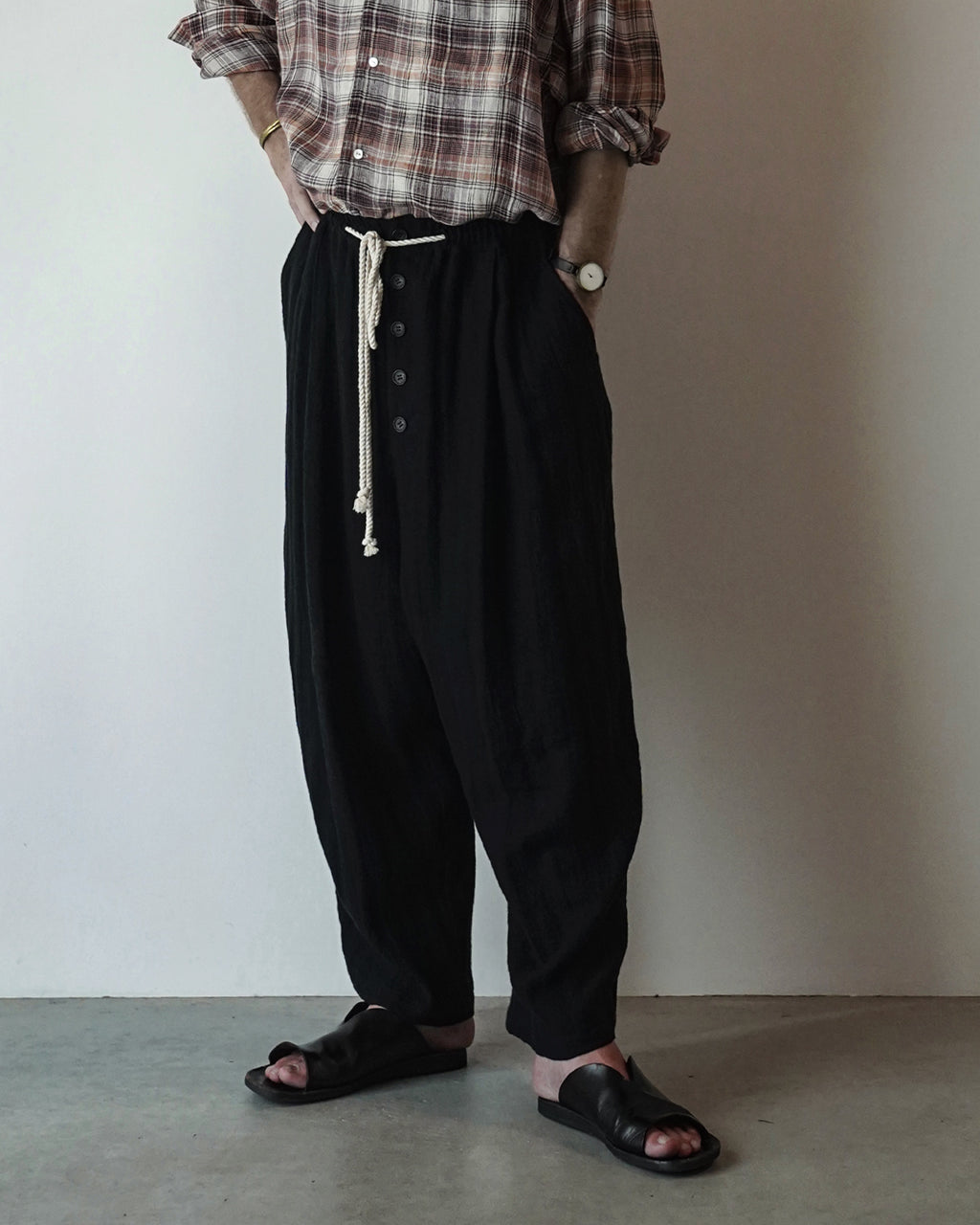 Linen Herringbone Button-Fly Easy Sarouel Pants <#black>