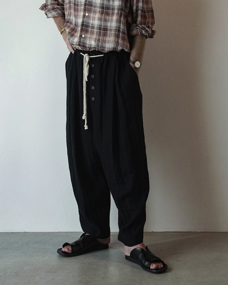 Linen Herringbone Button-Fly Easy Sarouel Pants <#black>
