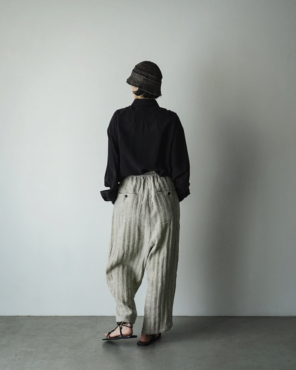 Linen Herringbone Button-Fly Easy Sarouel Pants <#heather gray>