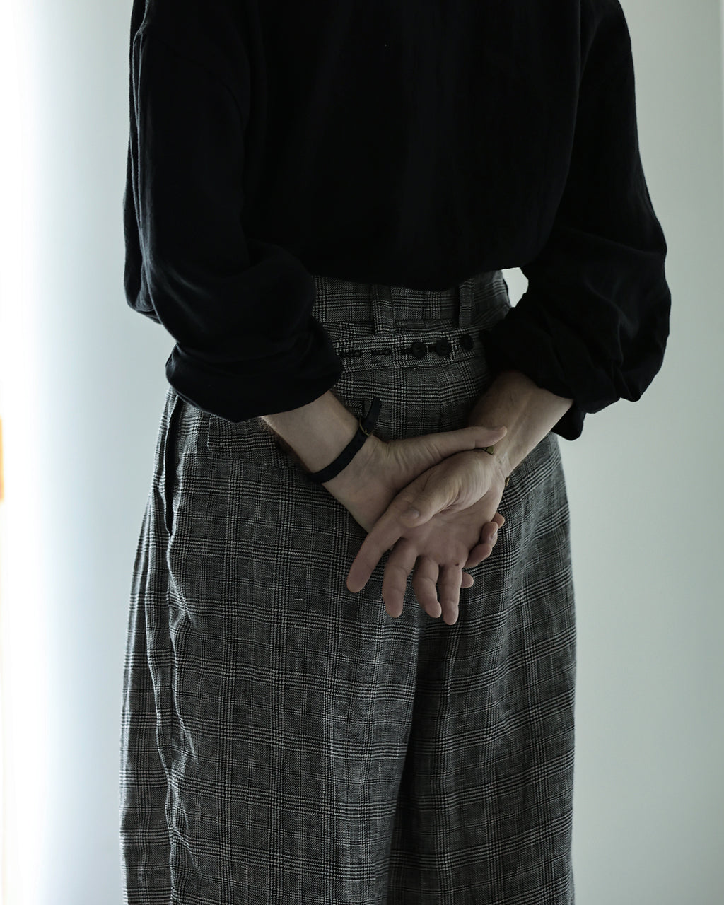 Glen Check Linen Back Belt 3Tuck Wide Straight Trousers <#glen check>