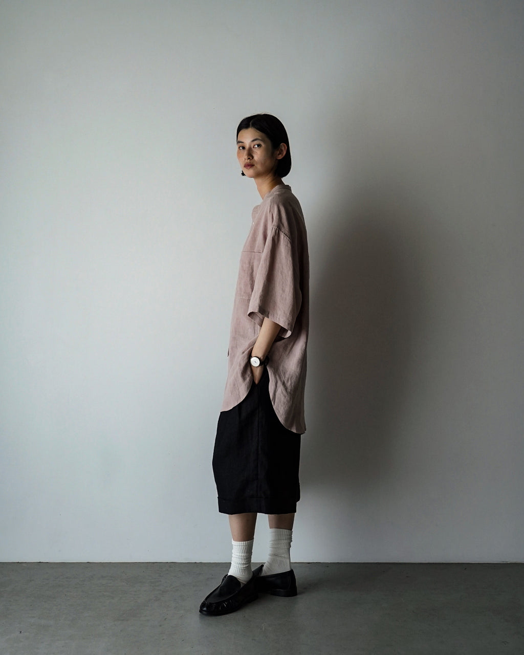 Wash Linen Band Collar Henley Neck Like Half Sleeve Atelier Shirt <#smoke pink>