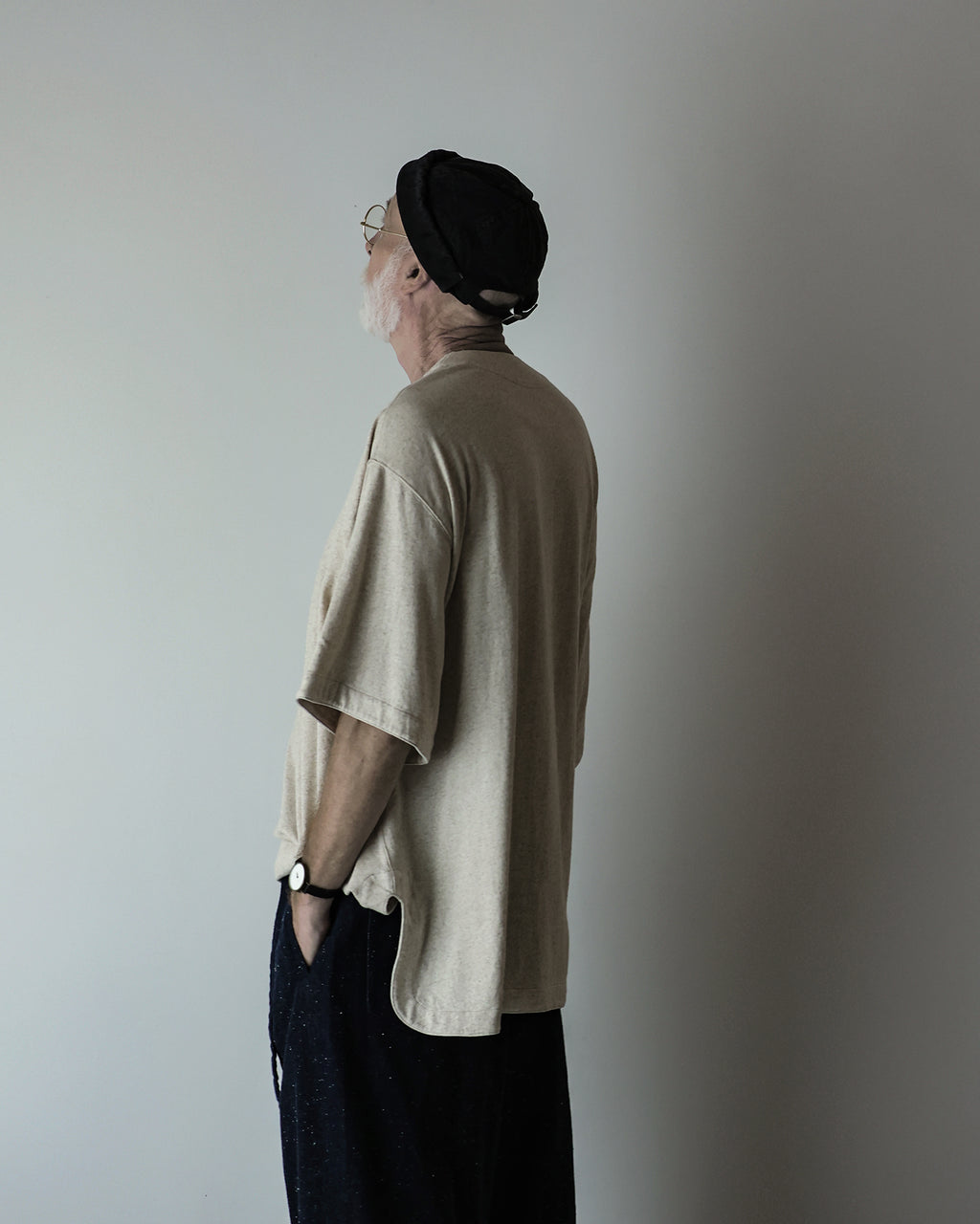 Cotton Linen Hem Round Skipper Half Sleeve Tee <#ivory>