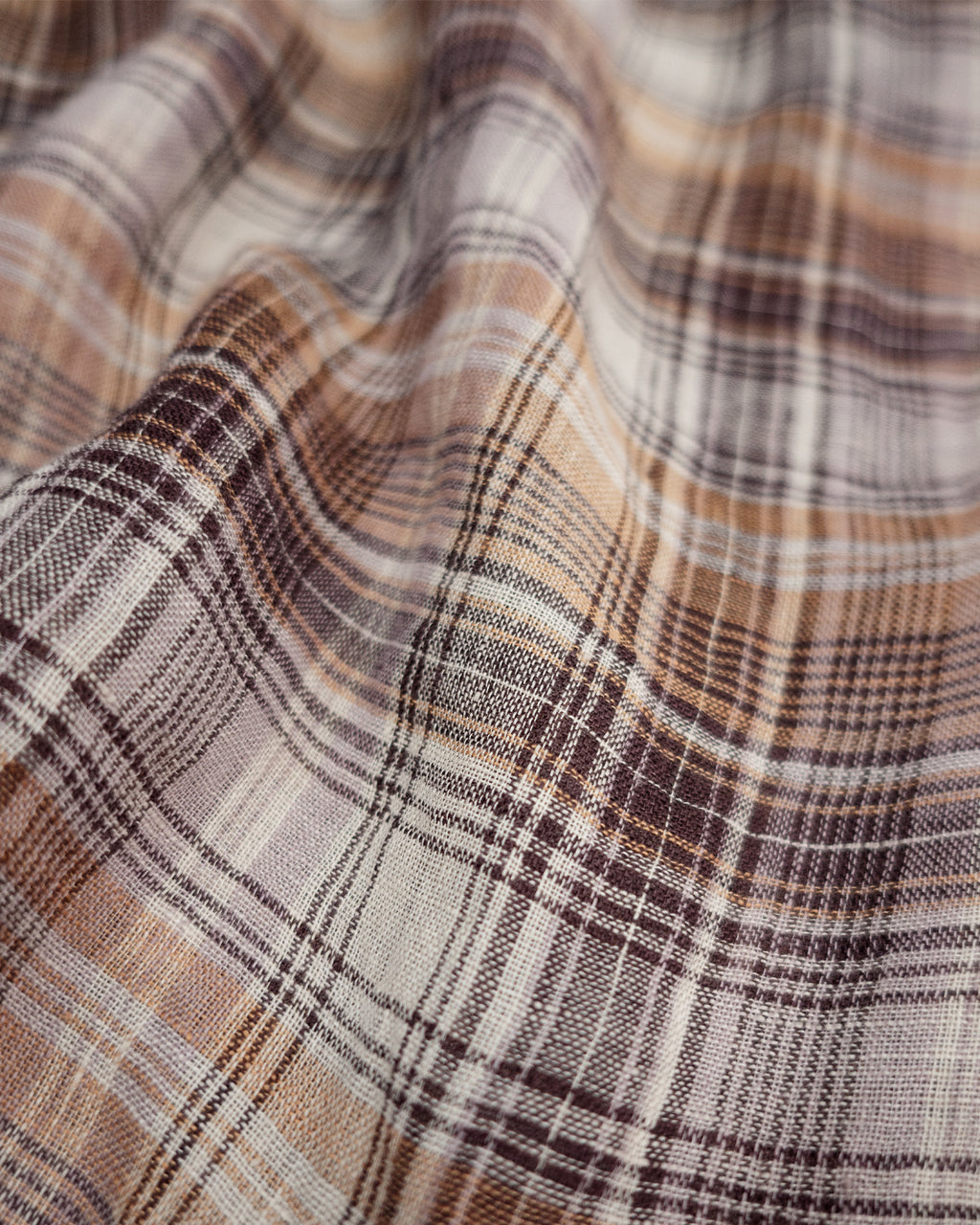 Linen Madras Check Open Collar Long-Sleeve Gathered Shirt<#red check>