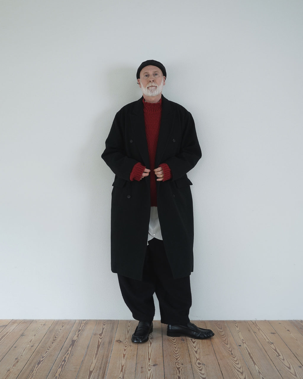 Wool Blend Double-Breasted Long Coat <#black>