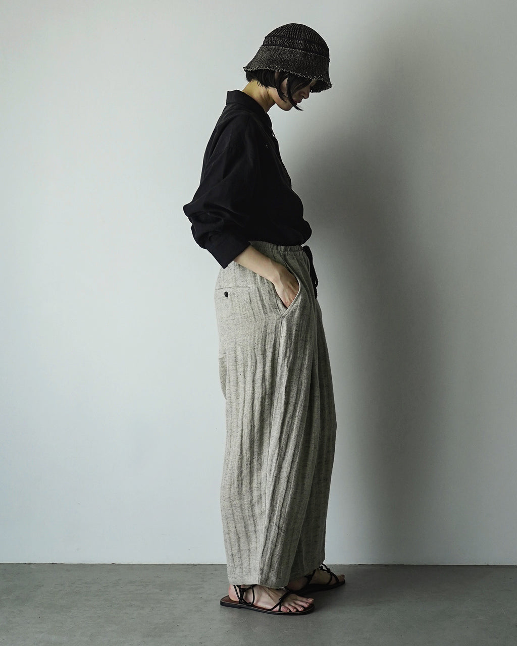 Linen Herringbone Button-Fly Easy Sarouel Pants <#heather gray>