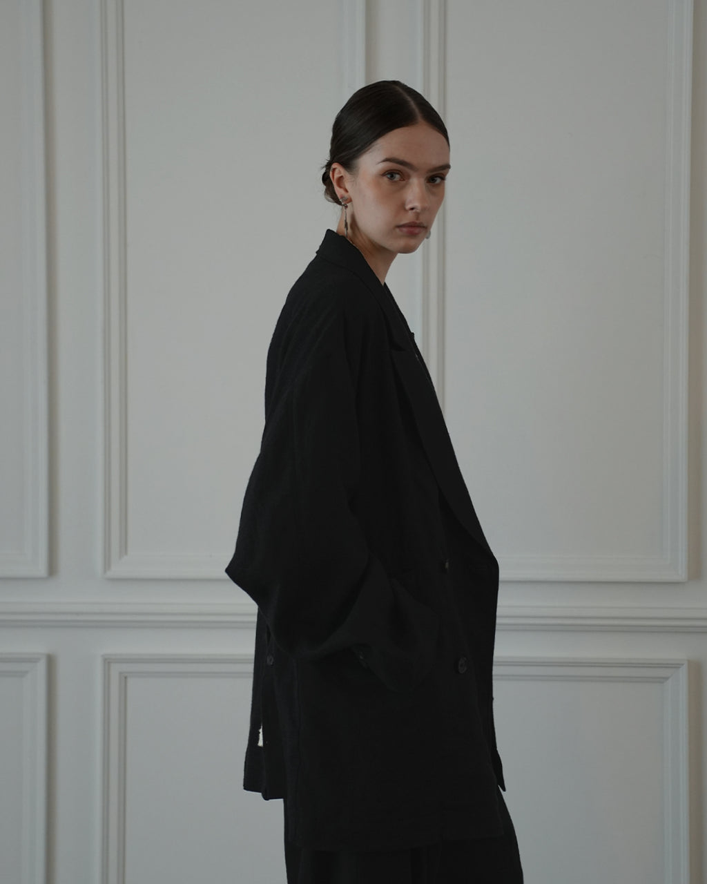 Back-Open Peak Lapel Double-Breasted Over Jacket.