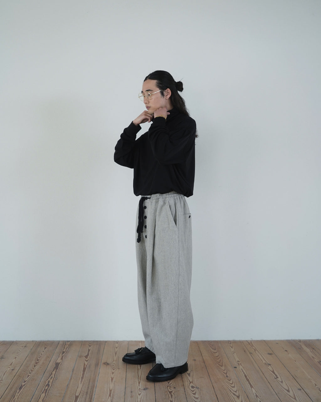 Shetland Wool Linen Rope Belt Easy Sarouel Pants <#light gray>