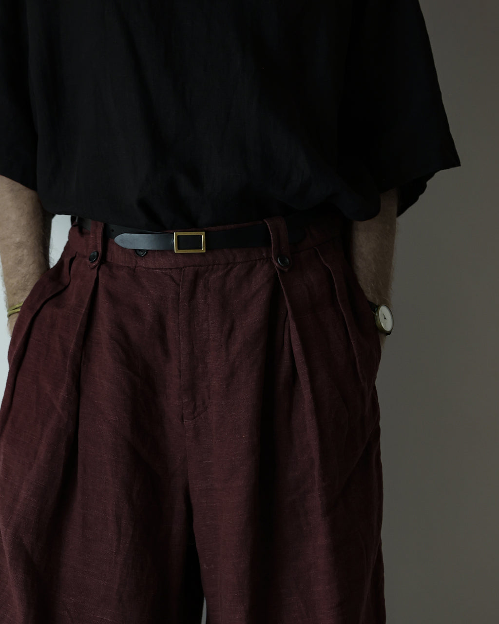 French Linen Back Belt 3Tuck Wide Straight Trousers <#burgundy>