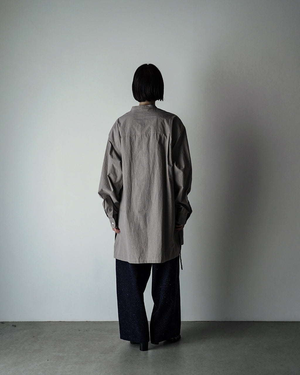 Organic Cotton Band Collar Side Slit Grandpa Shirt <#gray>