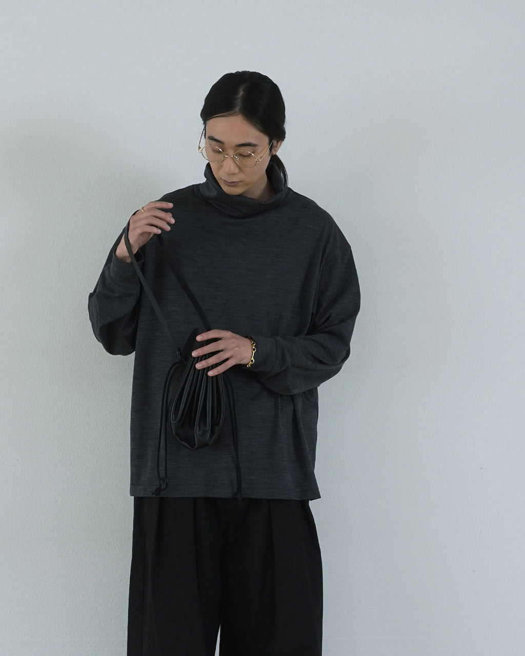 Super100s WOOL Plating Turtleneck L/S Logo TEE <#heather gray>