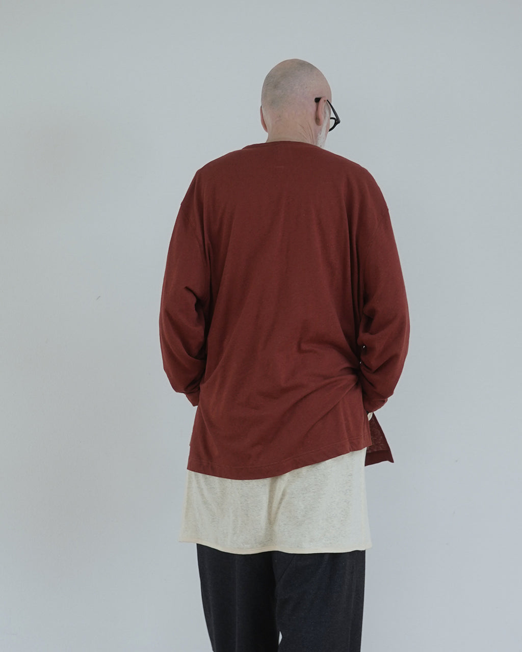 Linen Jersey Henley Neck Middle Length L/S Tee <#terracotta>