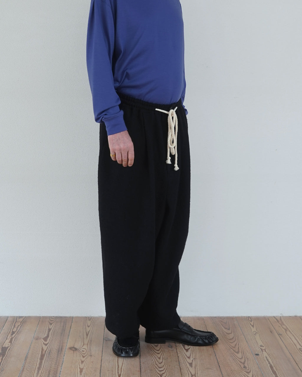 Shetland Wool Linen Rope Belt Easy Sarouel Pants <#black>