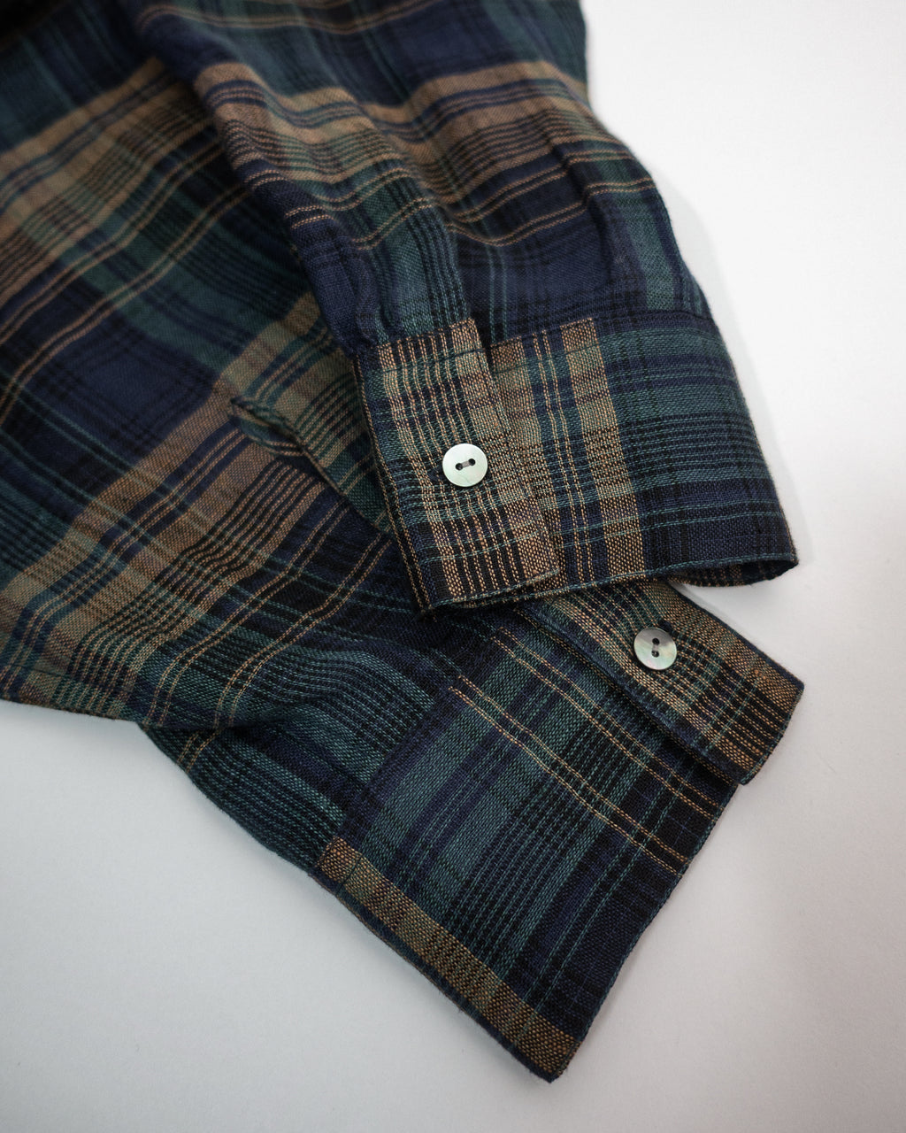 Linen Madras Check Open Collar Long-Sleeve Gathered Shirt<#navy check>