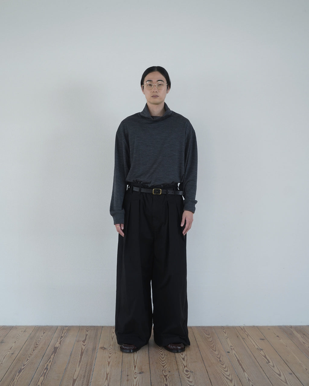 Oiled Wax Washed Moleskin Wide Baggy Pants <#black>