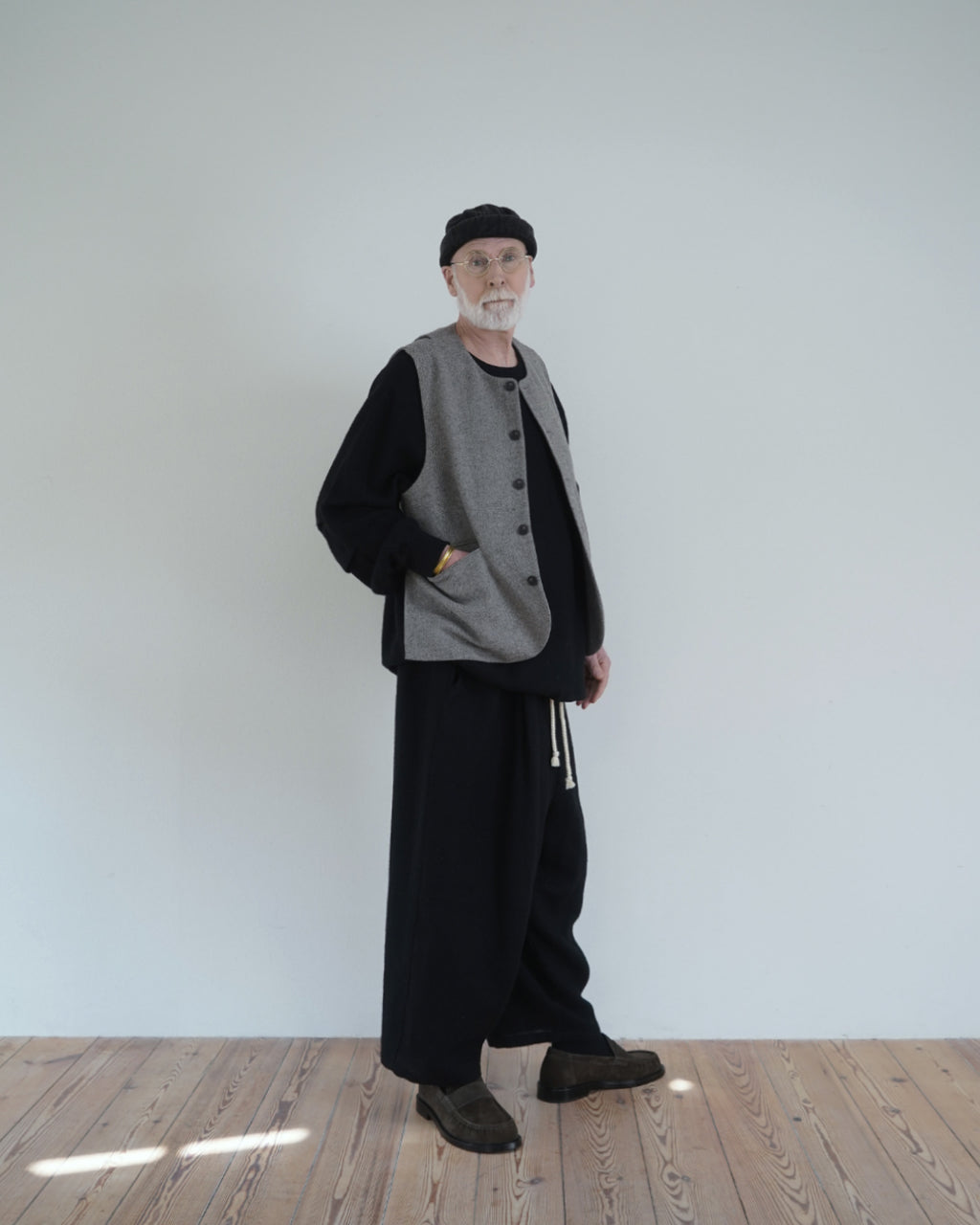 Shetland Wool Linen Rope Belt Easy Sarouel Pants <#black>