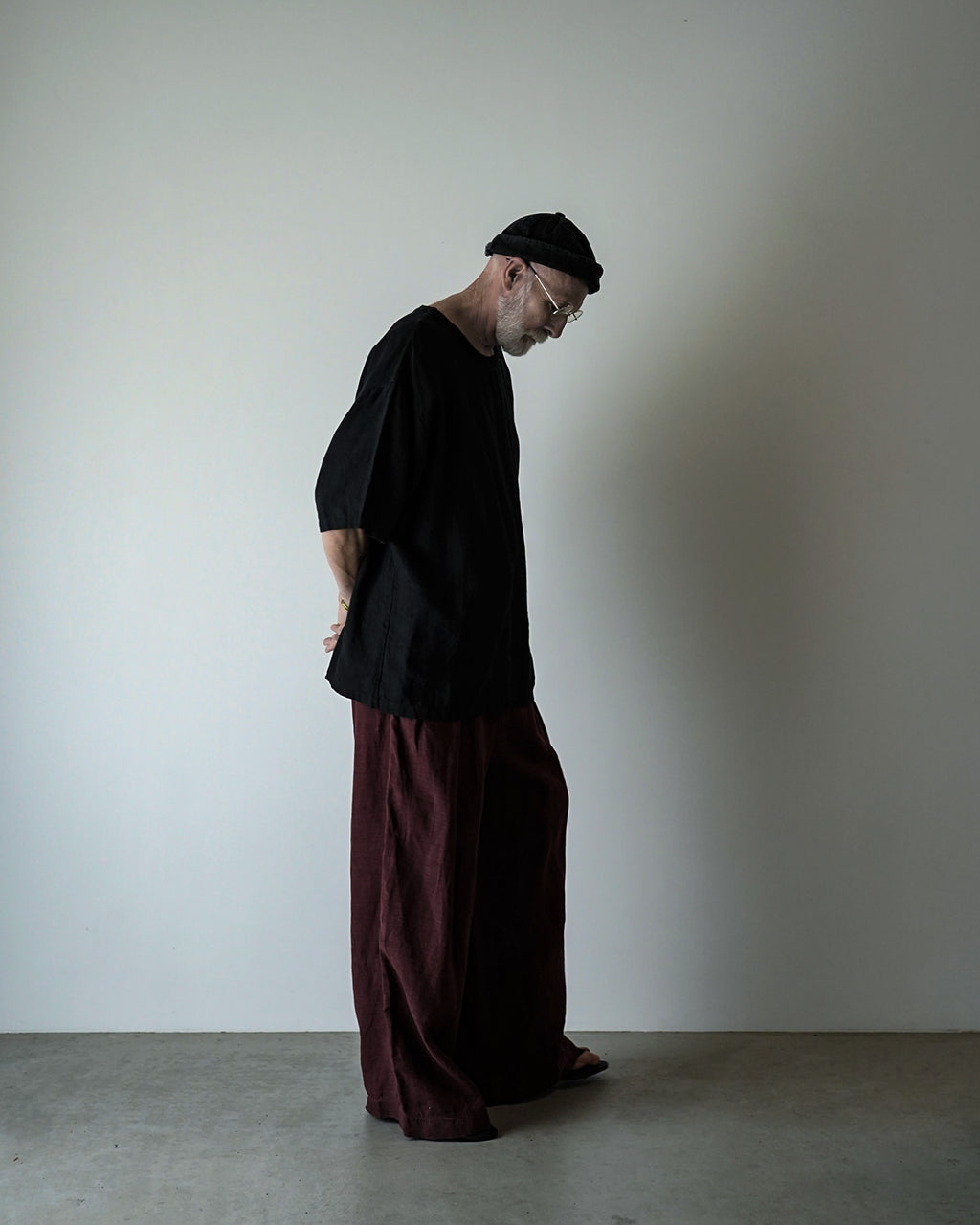 French Linen Crew Neck Half Sleeve Oversized Pullover <#black>
