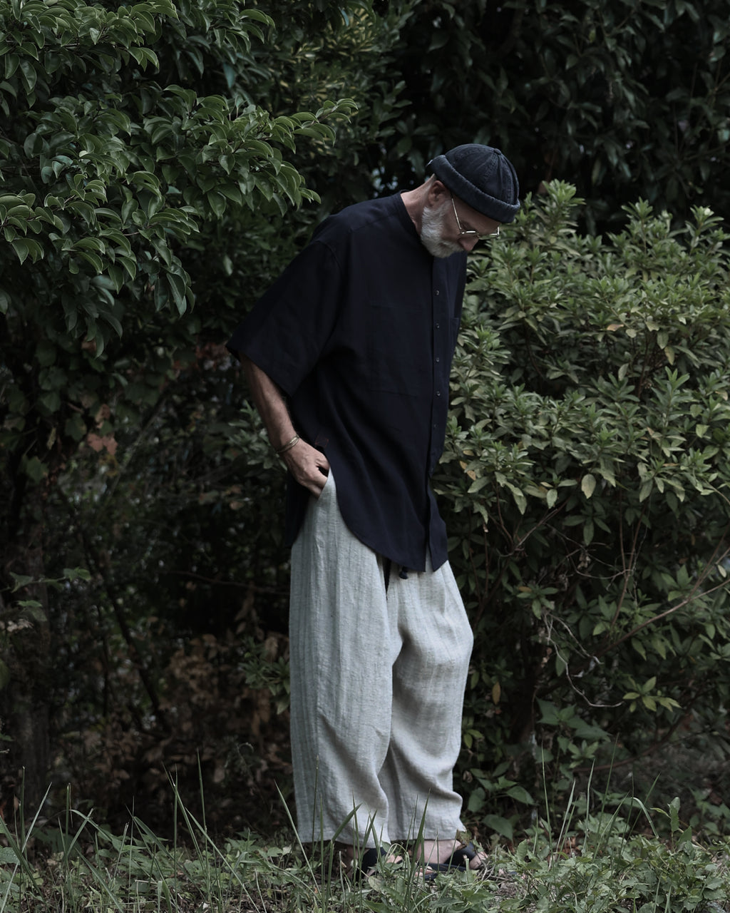 Wash Linen Band Collar Henley Neck Like Half Sleeve Atelier Shirt <#black>