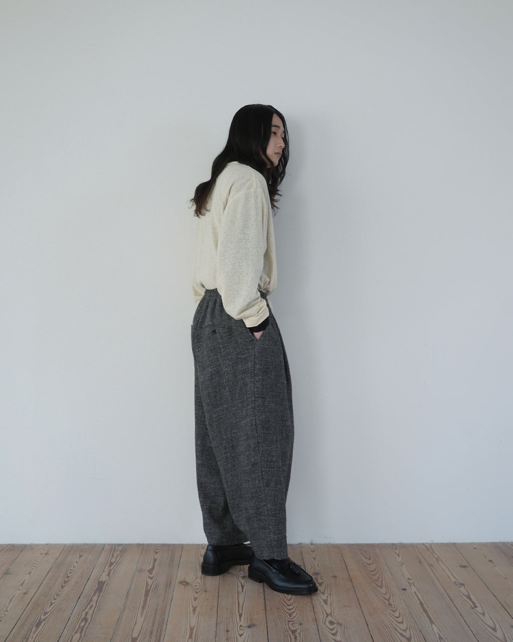 Shetland Wool Linen Rope Belt Easy Sarouel Pants <#charcoal>