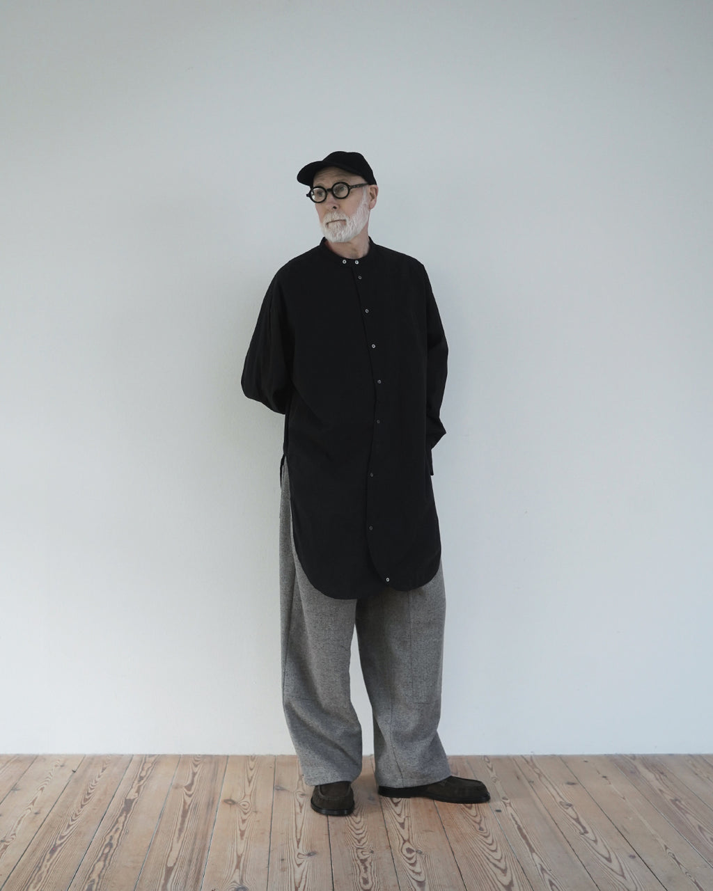 Cotton Typewriter Round Slit Long Officer Shirt <#ink black>
