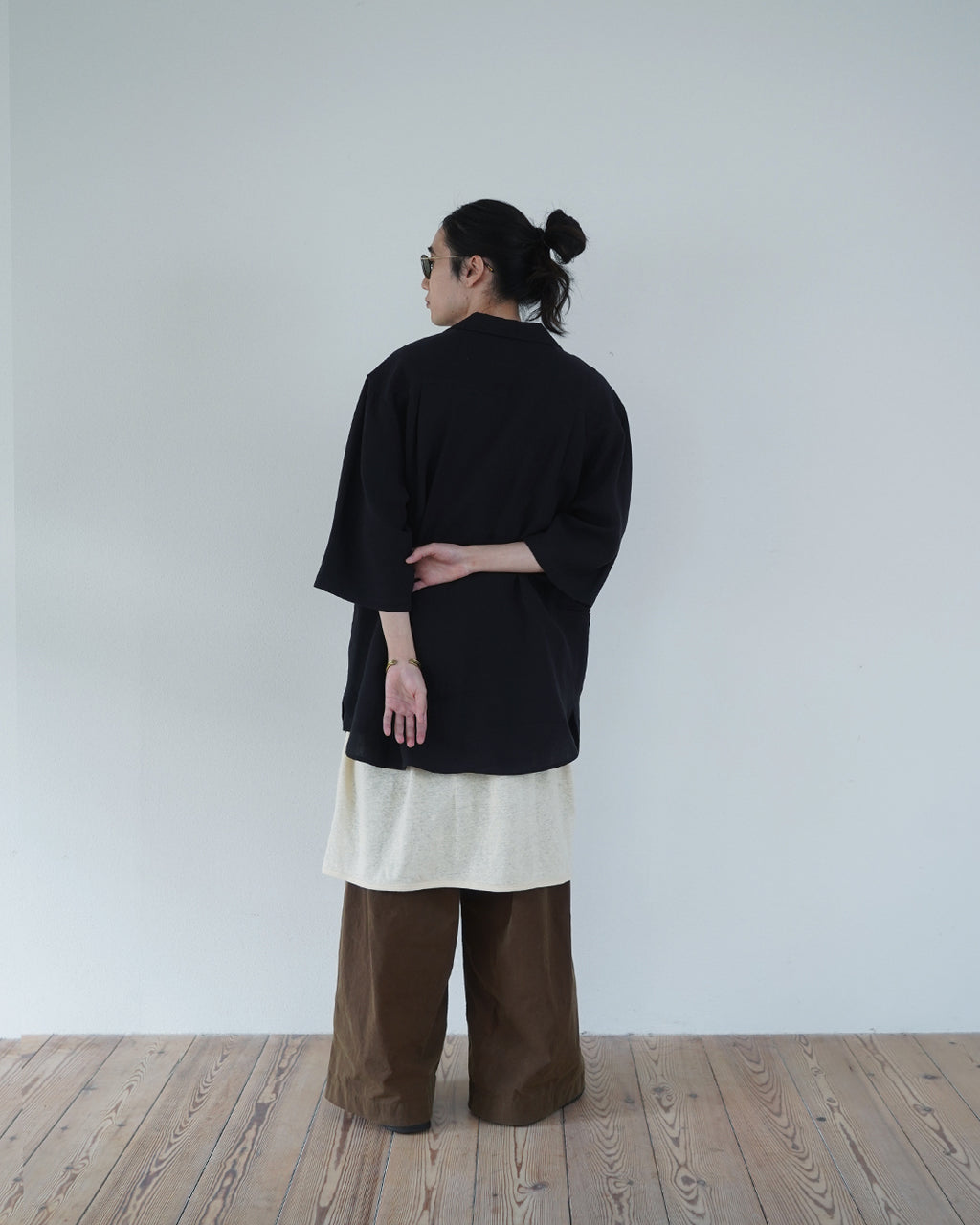 Wash Linen Open Collar 3/4 Sleeve Sleeping Shirt <#black>