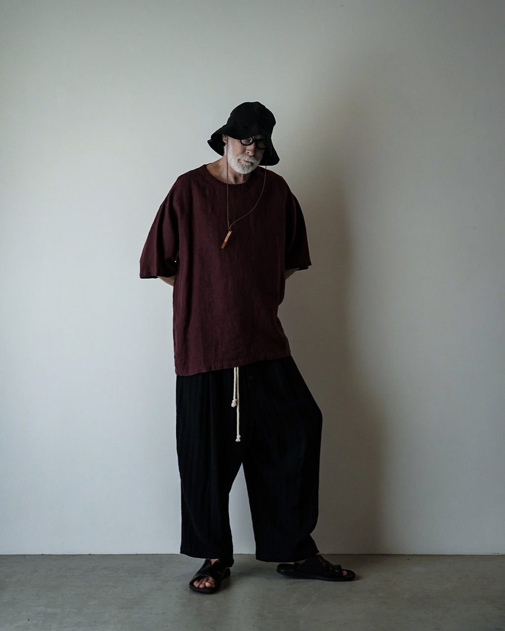 French Linen Crew Neck Half Sleeve Oversized Pullover <#burgundy>