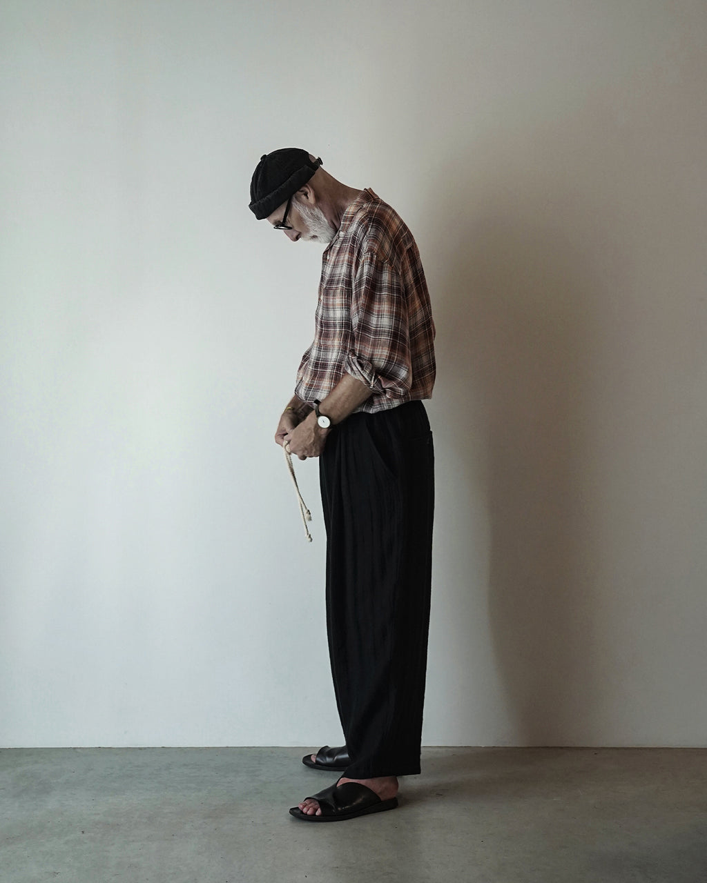 Linen Herringbone Button-Fly Easy Sarouel Pants <#black>