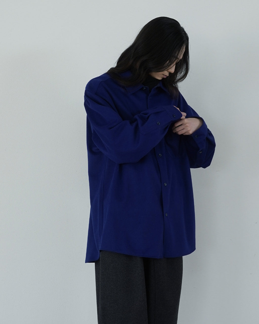 Wool Blend Heavy Flannel Wide Tuck Over Shirt <#royal blue>