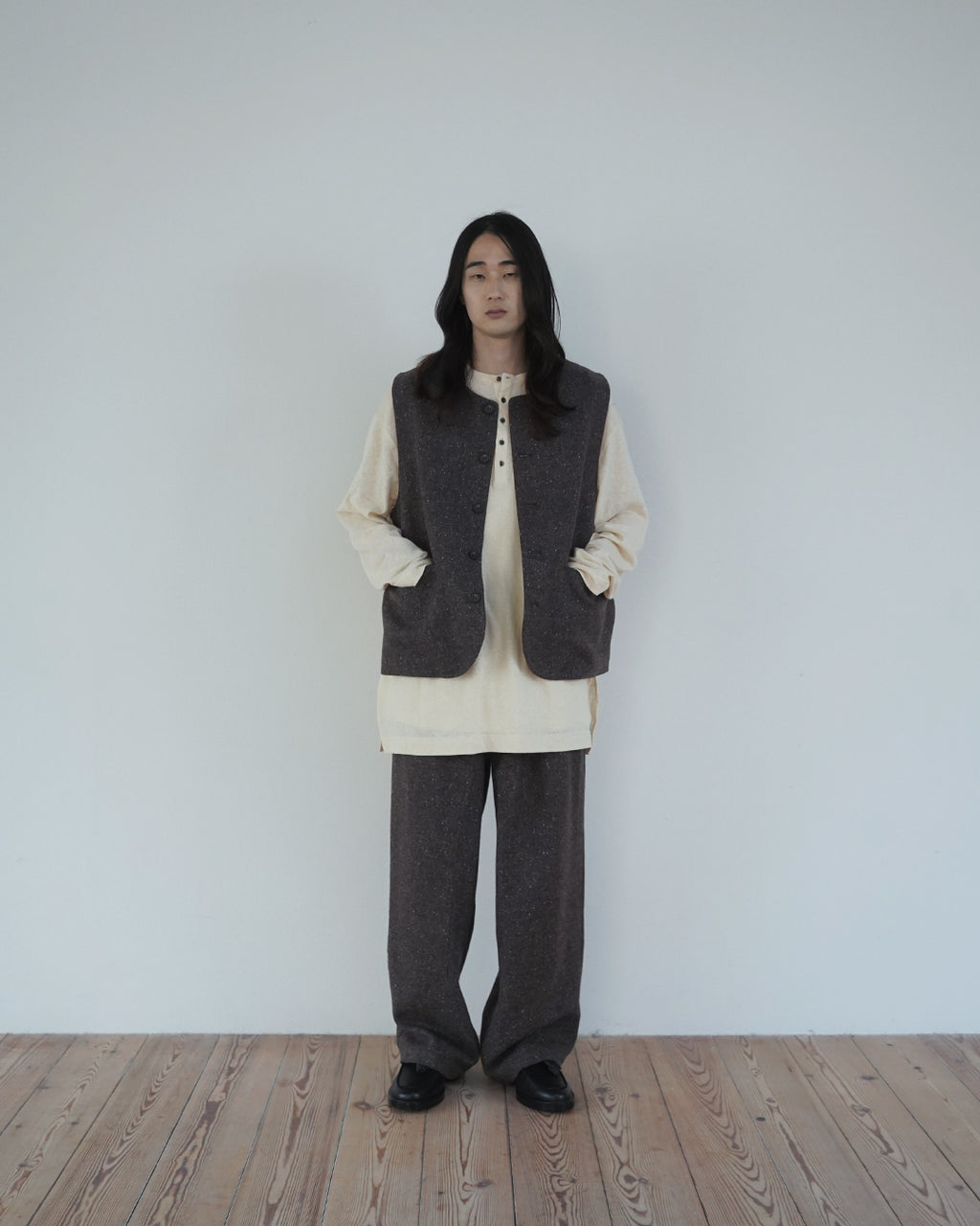 Wool Blend Tweed Back-Open Layered Crew Neck Vest <#brown>