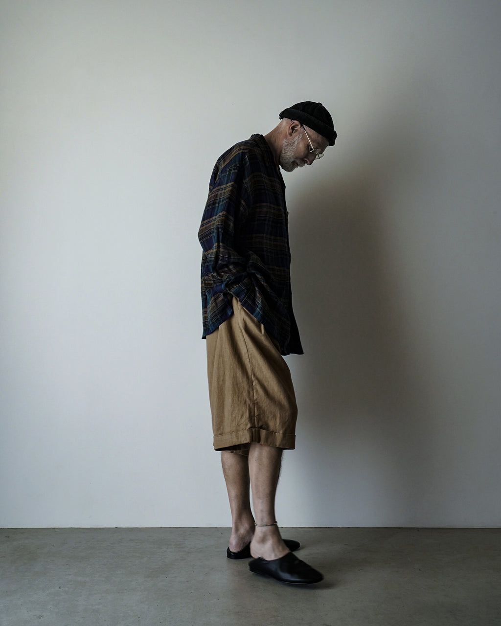 Linen Madras Check Open Collar Long-Sleeve Gathered Shirt<#navy check>