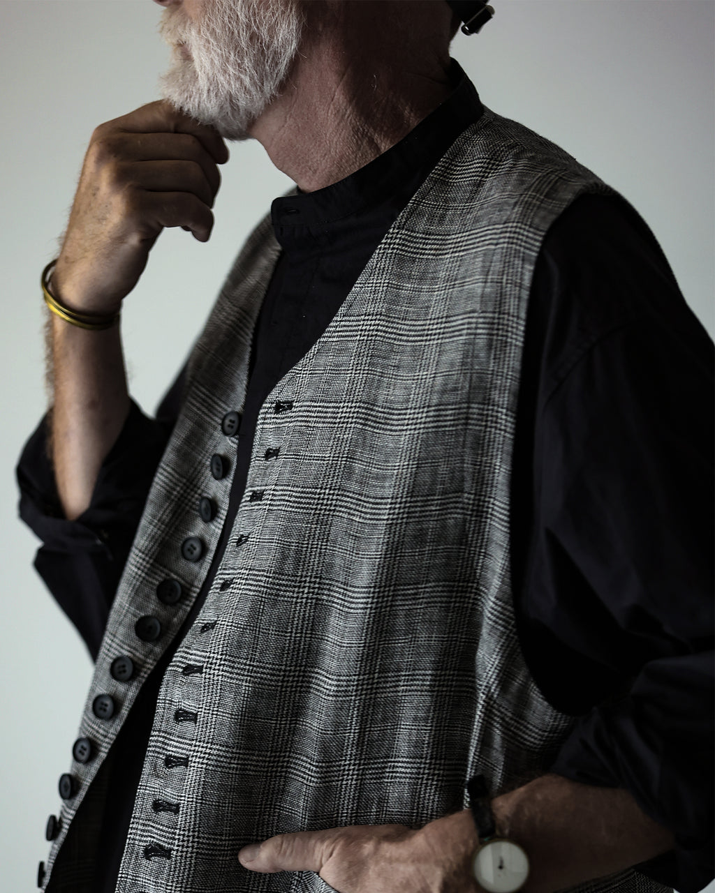 Glen Check Linen Back Belt Button Design V-Neck Vest <#glen check>