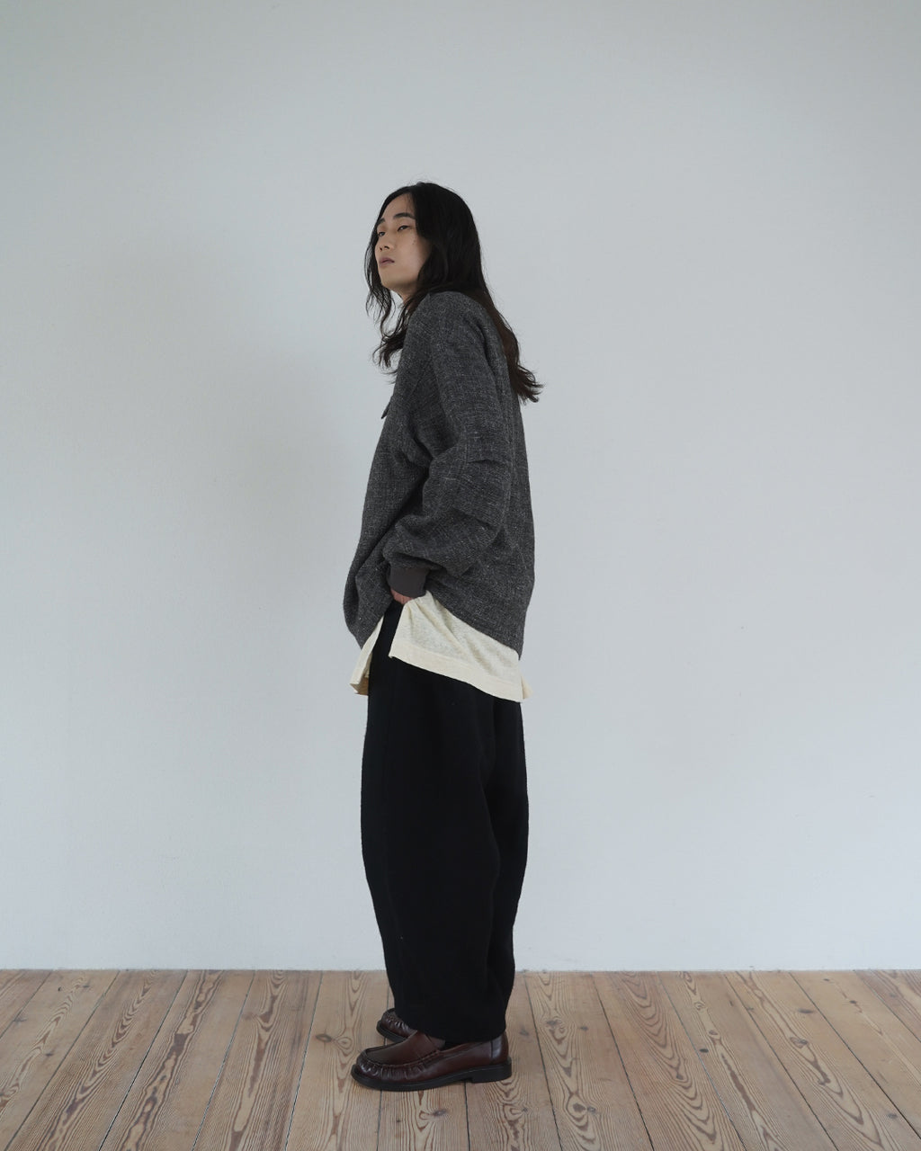 Shetland Wool Linen Crew Neck LS Tuck Rib Pullover <#charcoal>