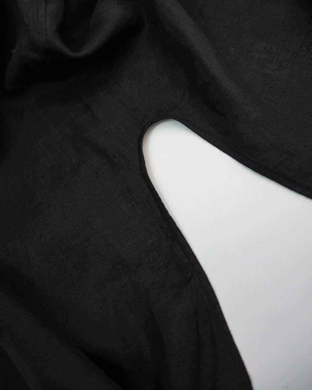 Linen Band Collar Round Slit Long Officer Shirt <#black>