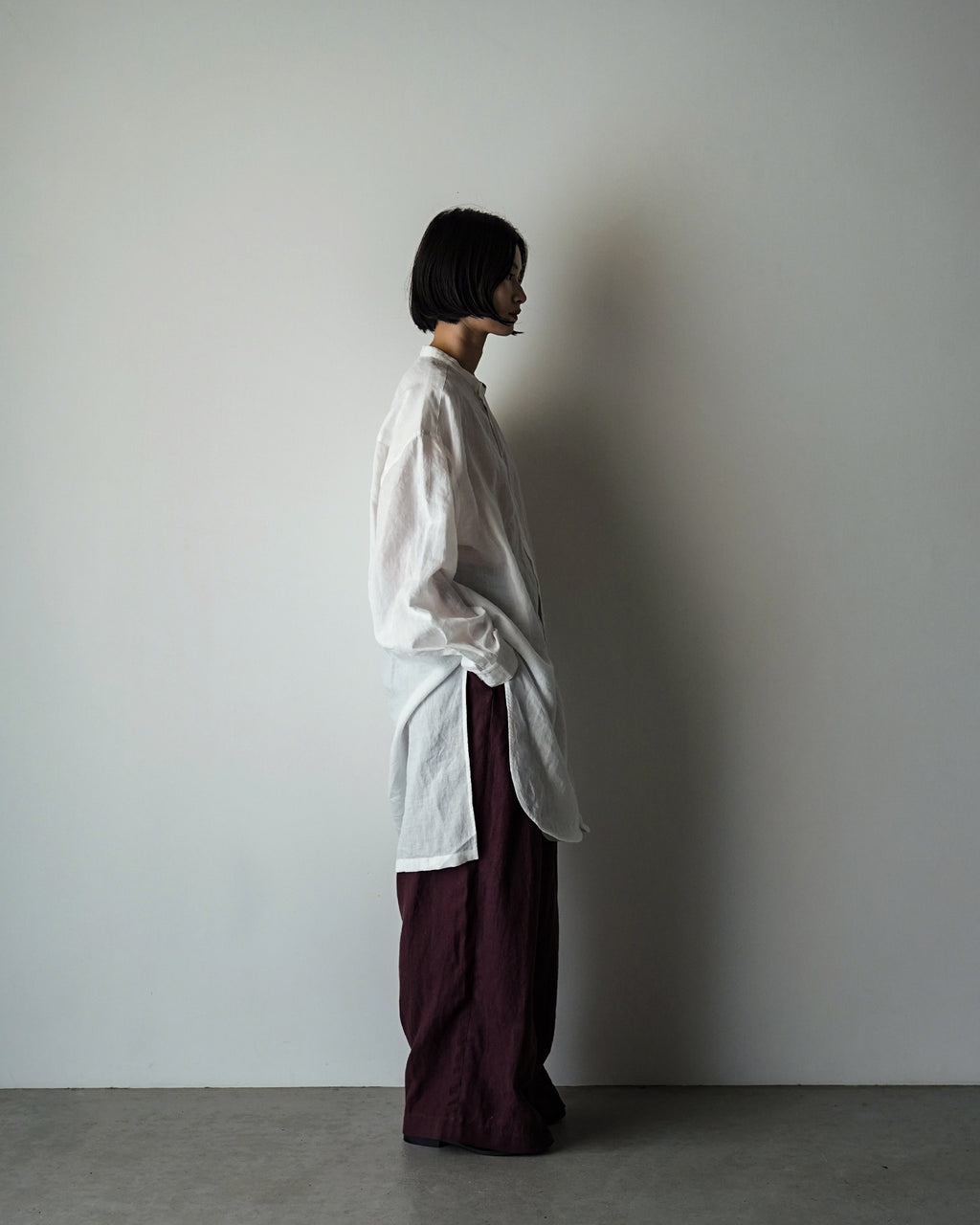 Linen Band Collar Round Slit Long Officer Shirt <#off white>
