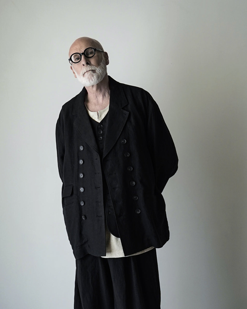 French Linen Back-Open Button Design Semi-Double Jacket <#black>