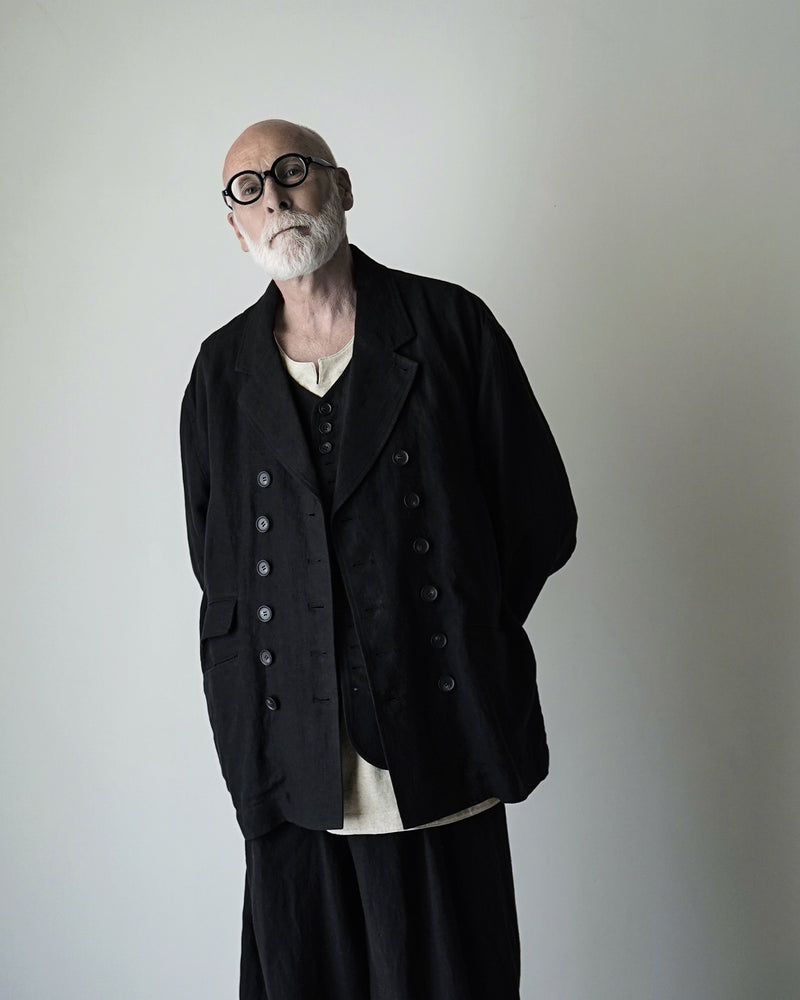 French Linen Back-Open Button Design Semi-Double Jacket <#black>