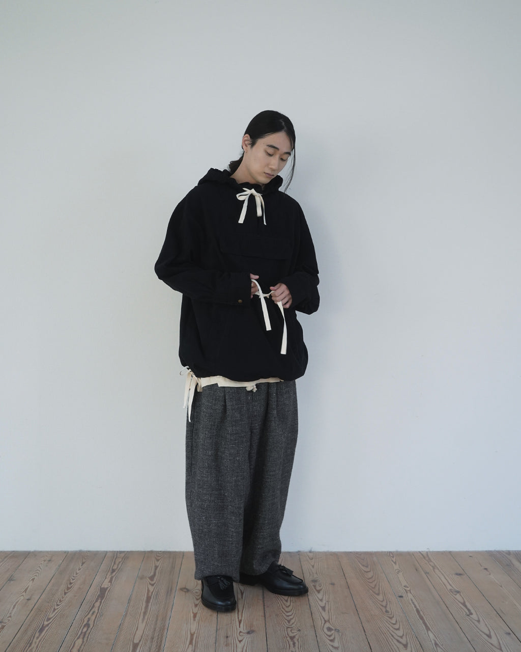 Brushed Cotton Flannel Biowash French Anorak Parka <#black>