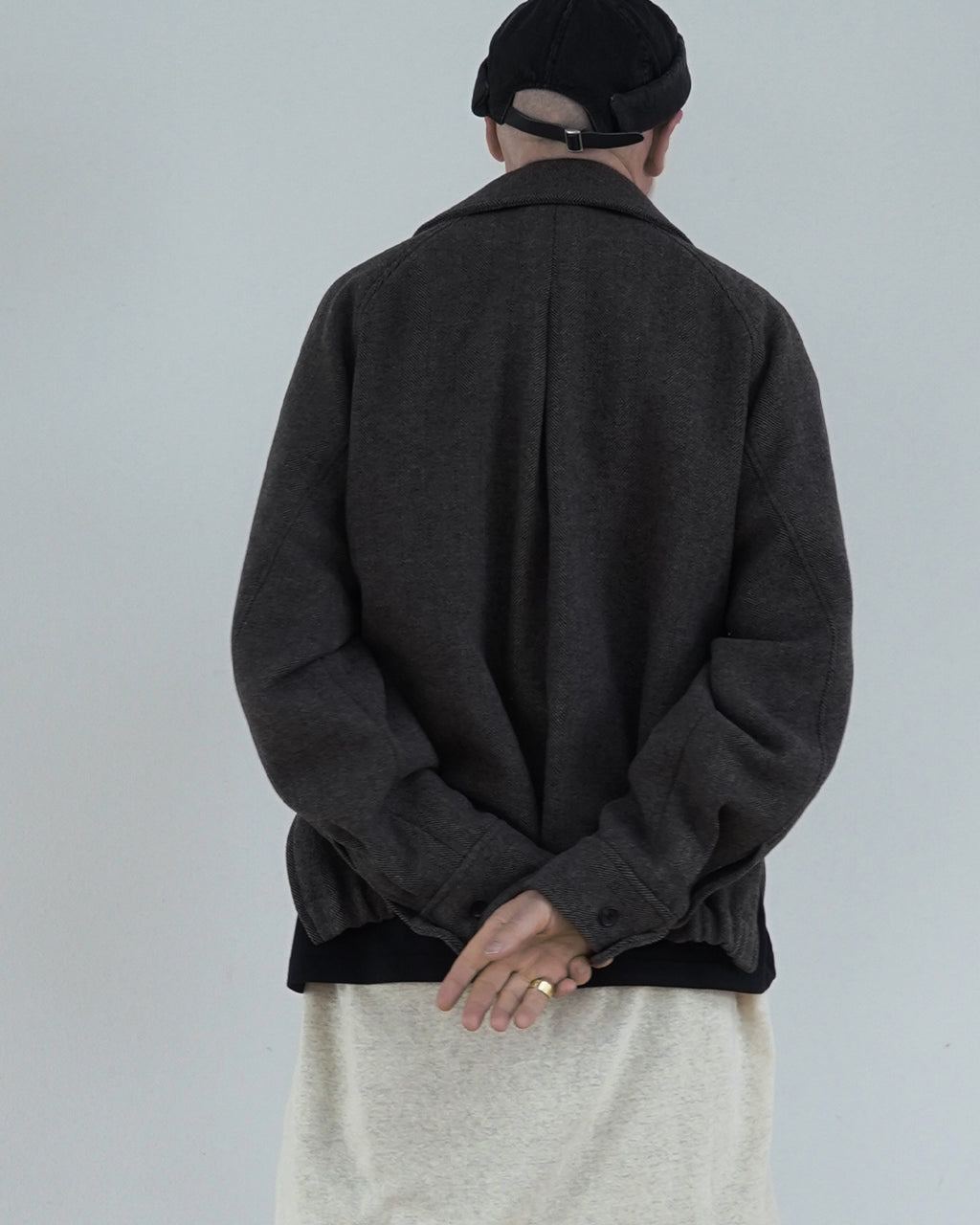 Wool Blend Herringbone Tweed Volume Zip Blouson <#brown>