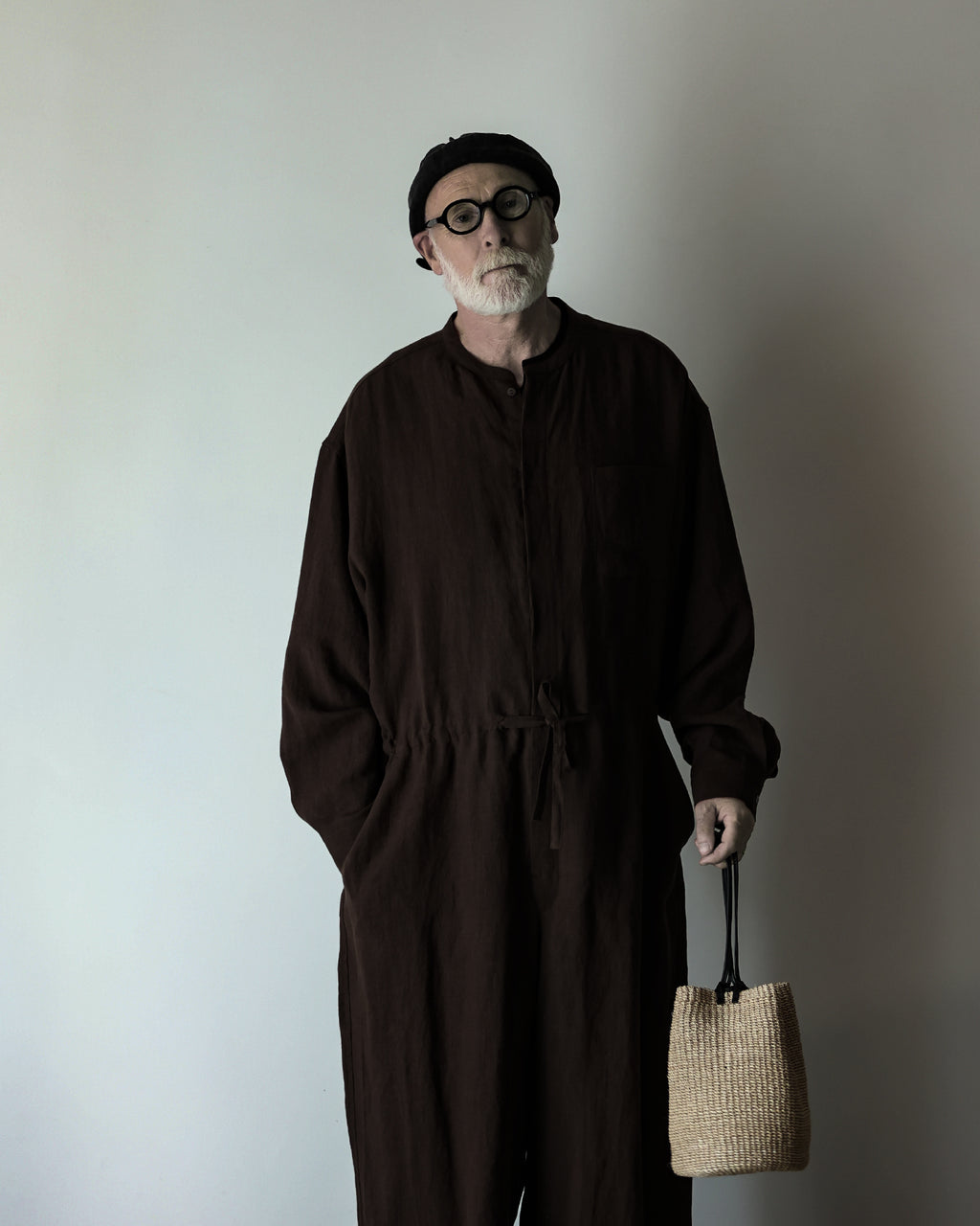Wash Linen Band Collar Long-Sleeve Jumpsuit <#brown>