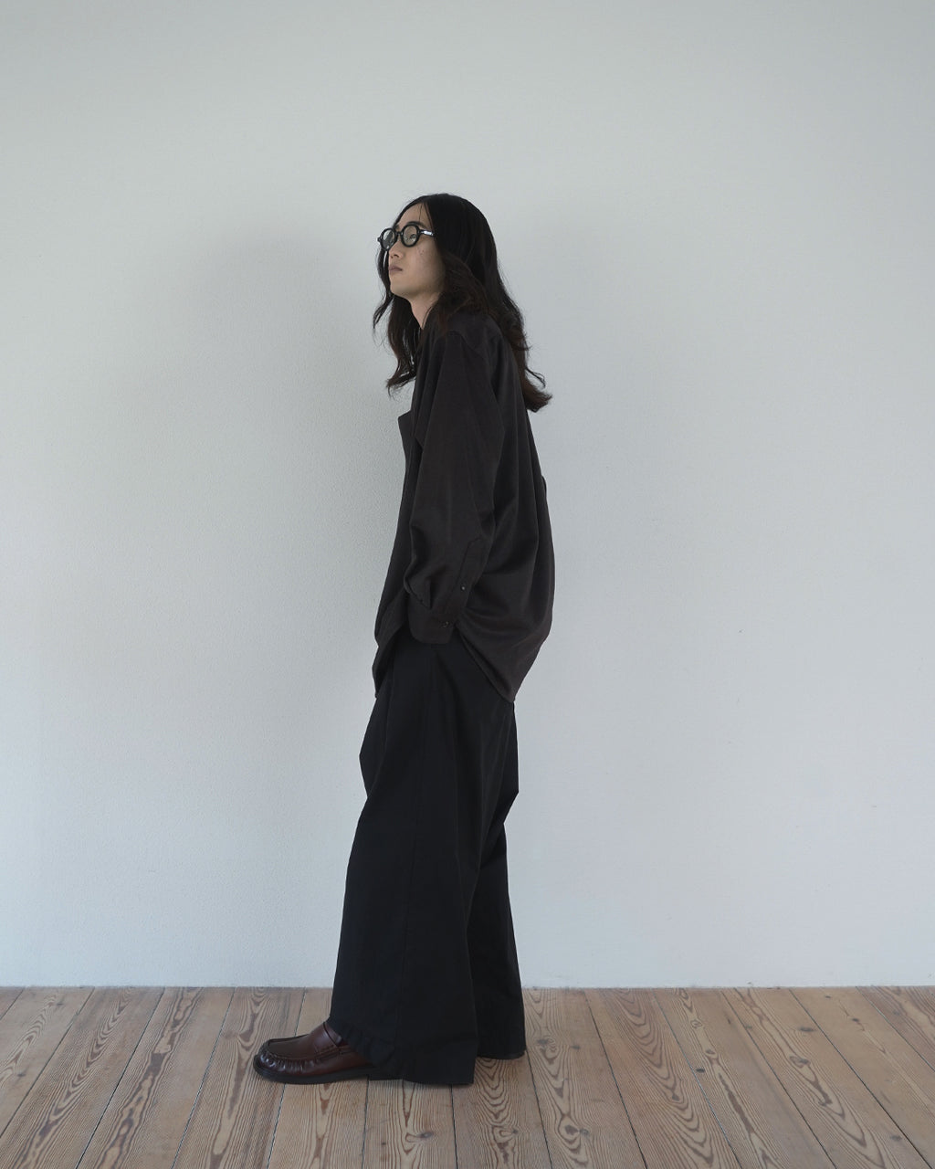 Wool Blend Heavy Flannel Wide Tuck Over Shirt <#olive>