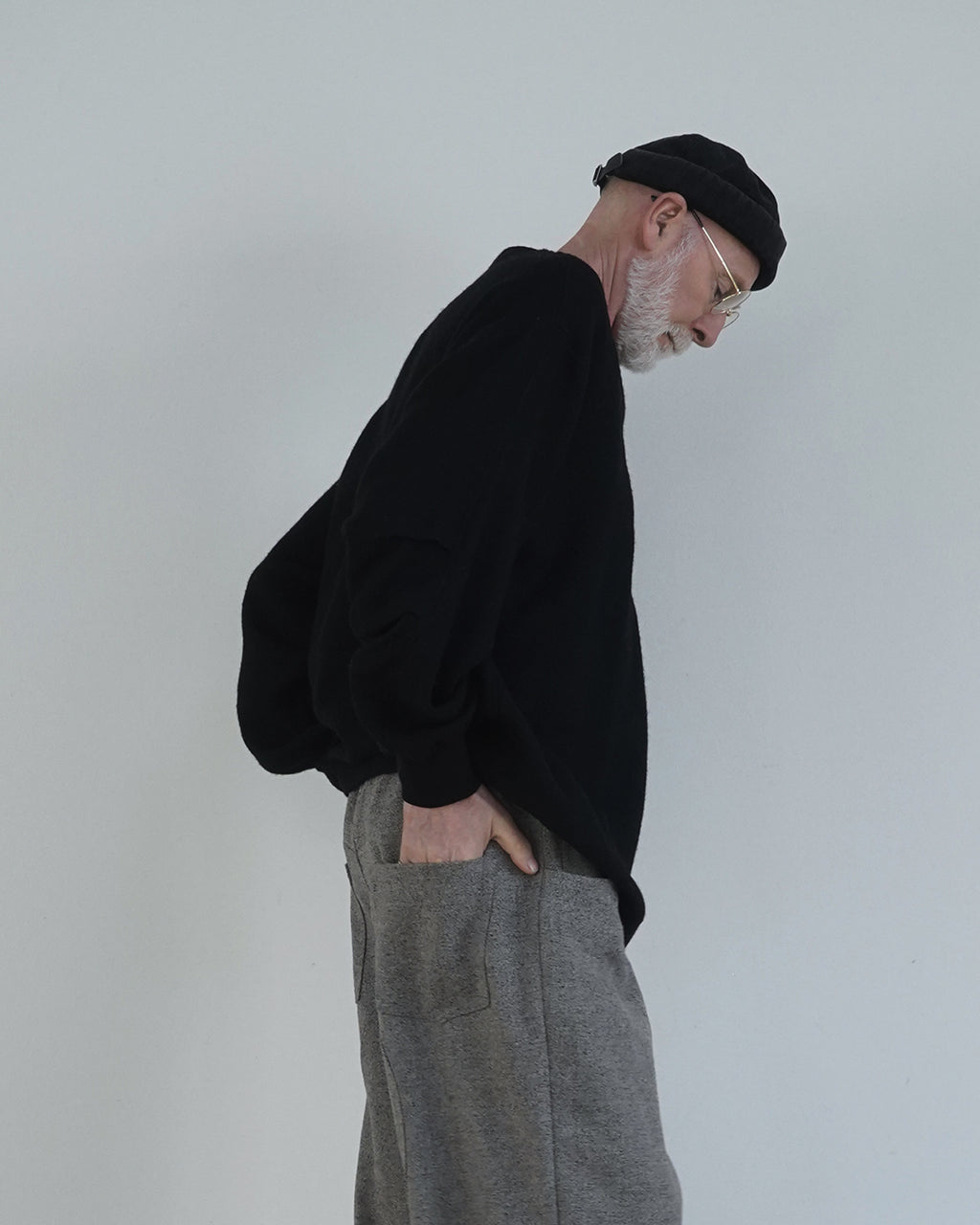Shetland Wool Linen Crew Neck LS Tuck Rib Pullover <#black>