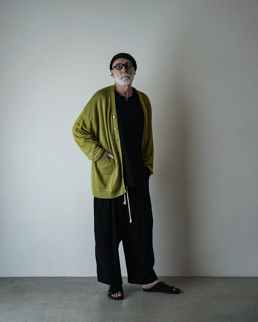 Linen Herringbone Button-Fly Easy Sarouel Pants <#black>
