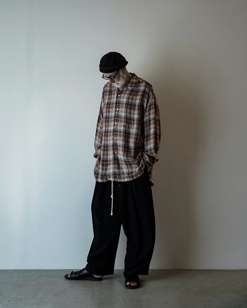 Linen Madras Check Open Collar Long-Sleeve Gathered Shirt<#red check>