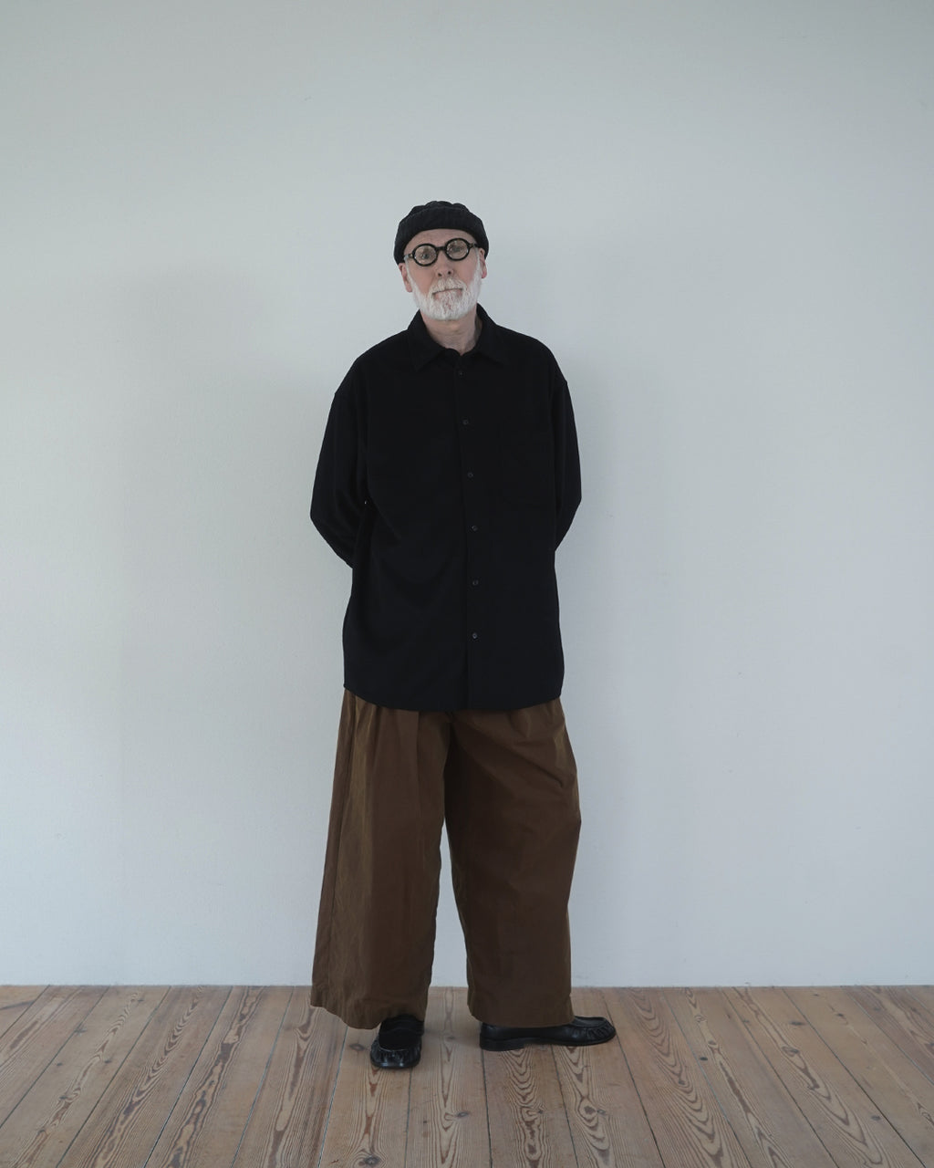 Wool Blend Heavy Flannel Wide Tuck Over Shirt <#black>