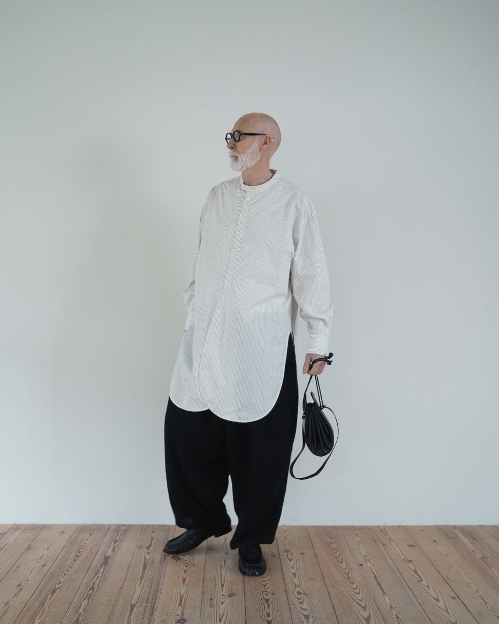 Cotton Typewriter Round Slit Long Officer Shirt <#ivory stripe>