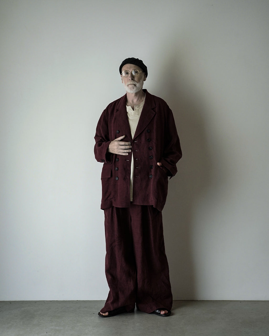 French Linen Back-Open Button Design Semi-Double Jacket <#burgundy>